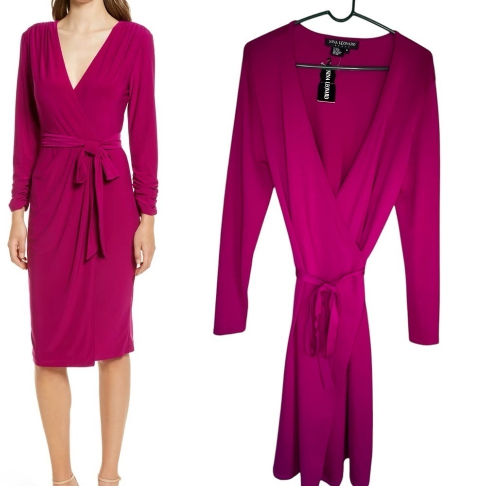 Nina Leonard Silk Wrap Dress Magenta Medium NWT